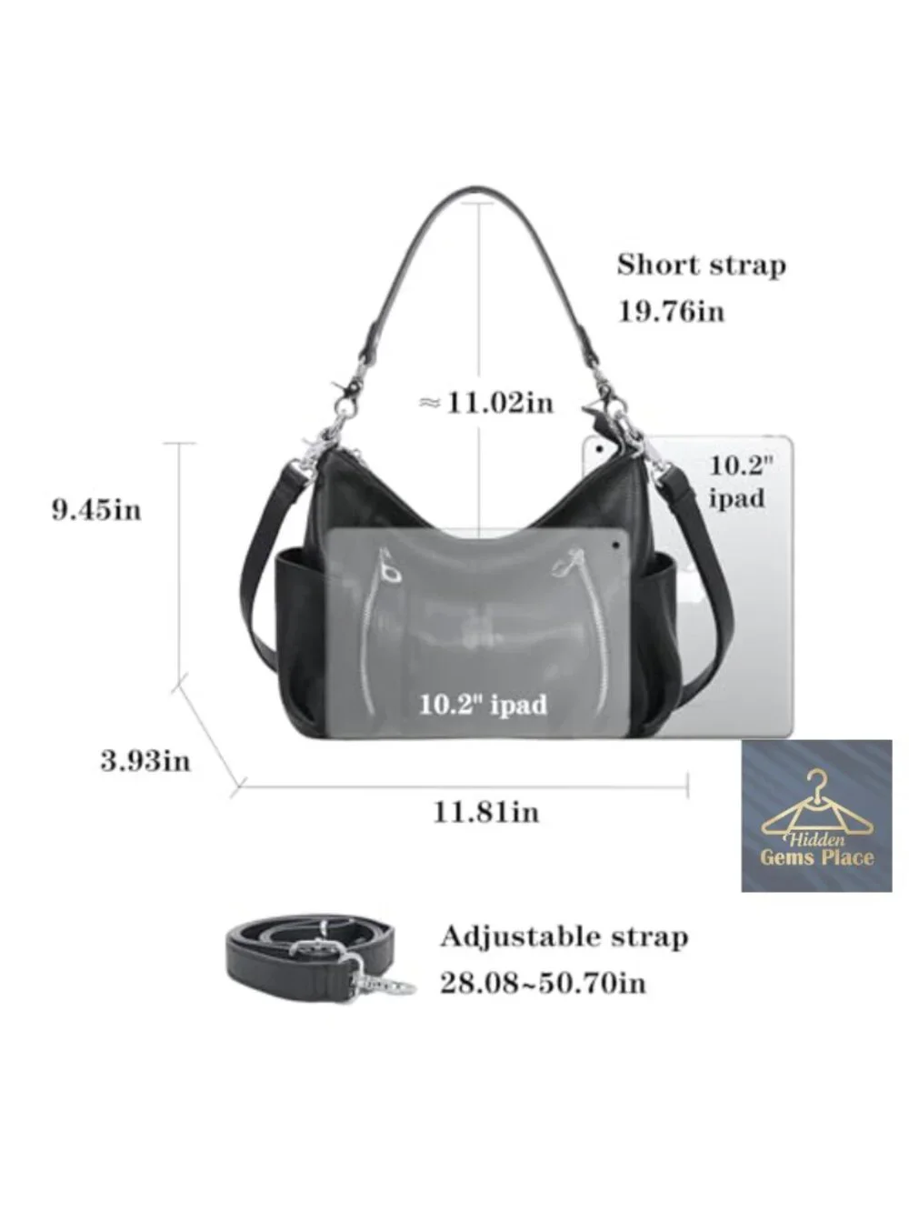 Genuine Leather Hobo Bag Crossbody Satchel with Removable Straps 2 Compartments